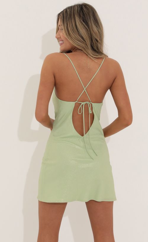 Picture Willow Satin Slit Cowl Dress in Green Shimmer. Source: https://media.lucyinthesky.com/data/Apr22_2/500xAUTO/1V9A3795.JPG