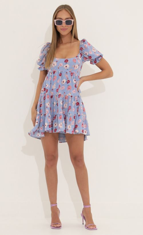 Picture Gloria Fit and Flare Dress in Floral Purple. Source: https://media.lucyinthesky.com/data/Apr22_2/500xAUTO/1V9A4399.JPG