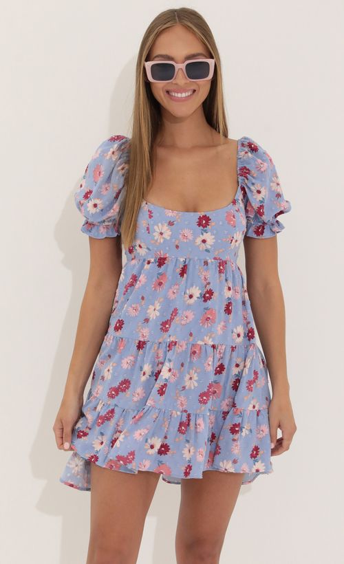Picture Gloria Fit and Flare Dress in Floral Purple. Source: https://media.lucyinthesky.com/data/Apr22_2/500xAUTO/1V9A4436.JPG