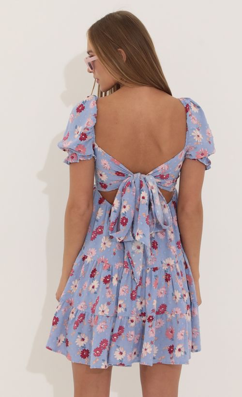 Picture Gloria Fit and Flare Dress in Floral Purple. Source: https://media.lucyinthesky.com/data/Apr22_2/500xAUTO/1V9A4500.JPG