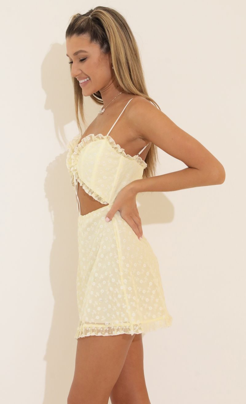 Picture Tansy Embroidered Cutout Dress in Yellow. Source: https://media.lucyinthesky.com/data/Apr22_2/800xAUTO/1V9A8329.JPG