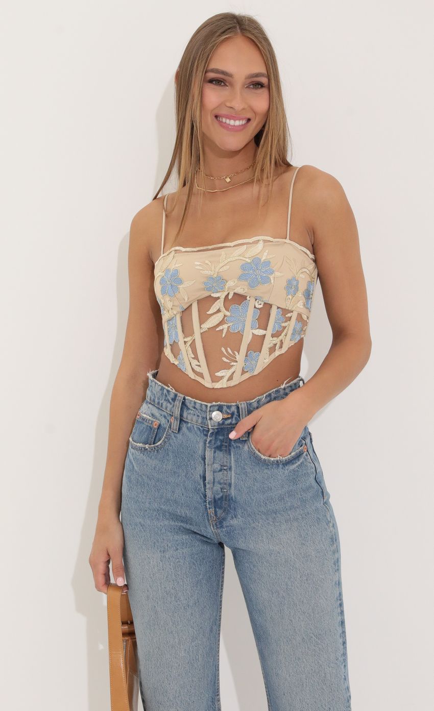 Picture Edith Corset Top In Floral Beige Embroidery. Source: https://media.lucyinthesky.com/data/Apr22_2/850xAUTO/1V9A3761.JPG