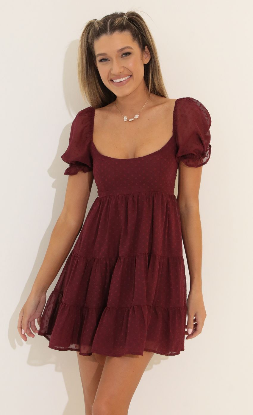 Picture Gloria Fit and Flare Dress in Burgundy. Source: https://media.lucyinthesky.com/data/Apr22_2/850xAUTO/1V9A5350.JPG