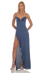 Picture Siobhán Satin Ruffle Maxi Dress in Blue. Source: https://media.lucyinthesky.com/data/Apr23/150xAUTO/15dda66e-636c-437d-a905-645a68554e75.jpg