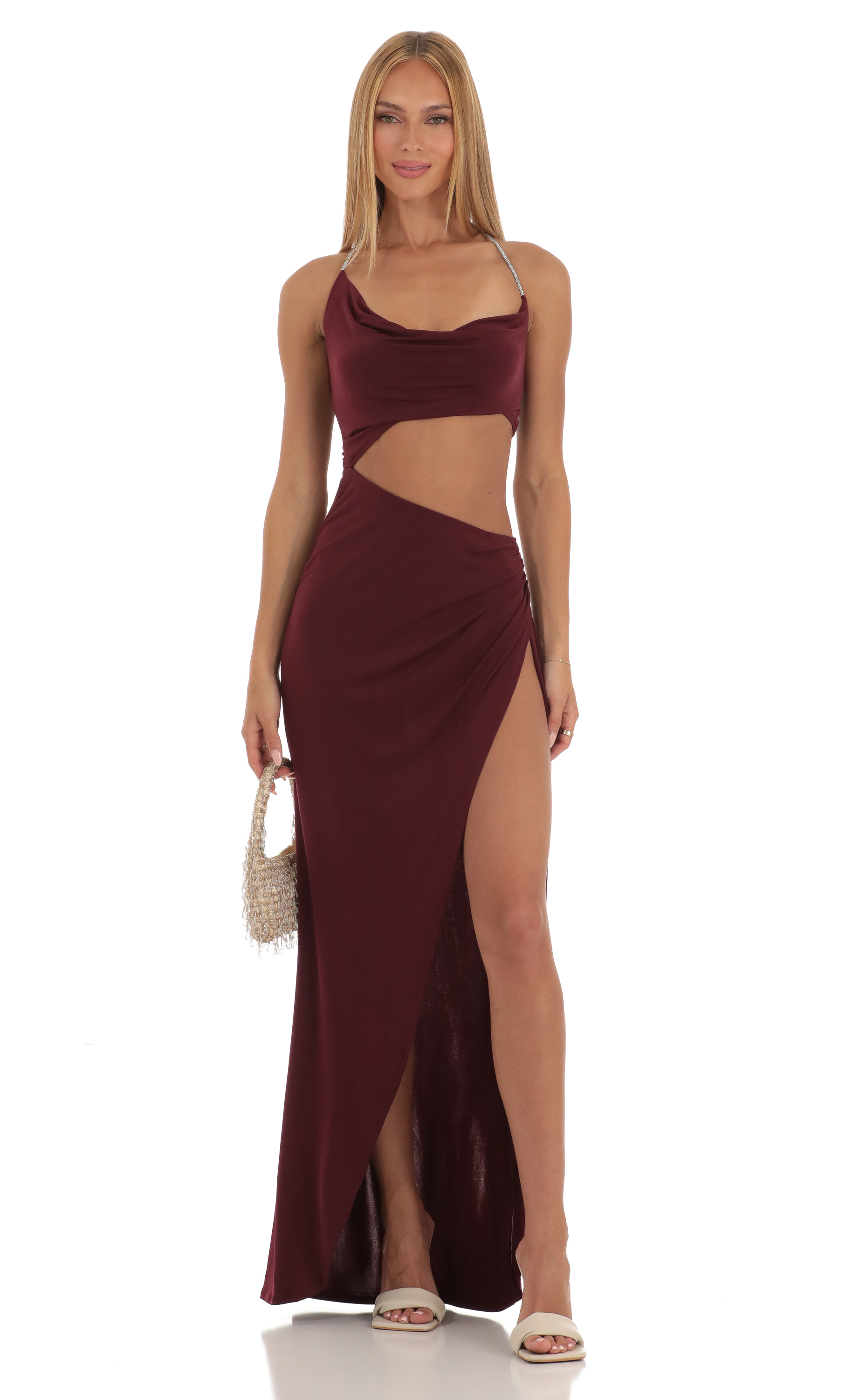 Athens Rhinestone Cutout Maxi Dress in Wine