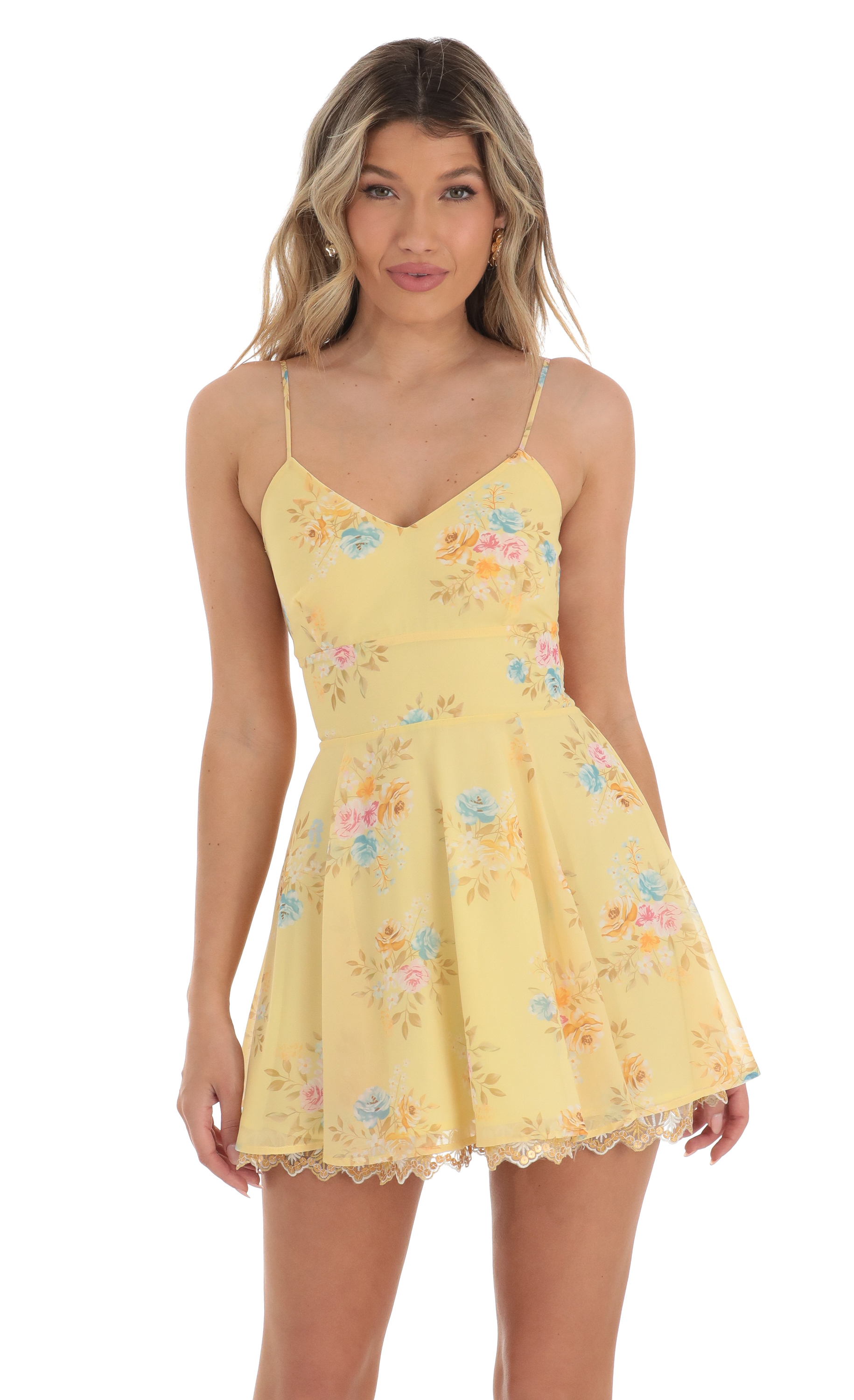 Aubree Floral Chiffon Fit and Flare Dress in Yellow