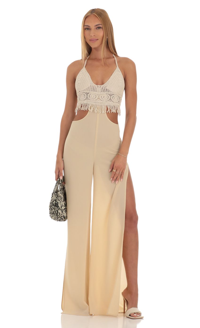 Picture Agnetha Crochet Fringe Jumpsuit in Beige. Source: https://media.lucyinthesky.com/data/Apr23/850xAUTO/23b3550d-58a1-4f1f-86e2-b08c2aff451e.jpg