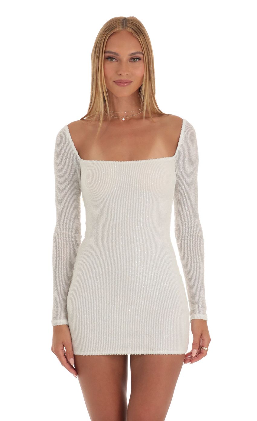 Picture Giulia Sequin Square Neck Dress in White. Source: https://media.lucyinthesky.com/data/Apr23/850xAUTO/282cbb81-3f3b-4bcb-8a71-c91943e9c7e0.jpg