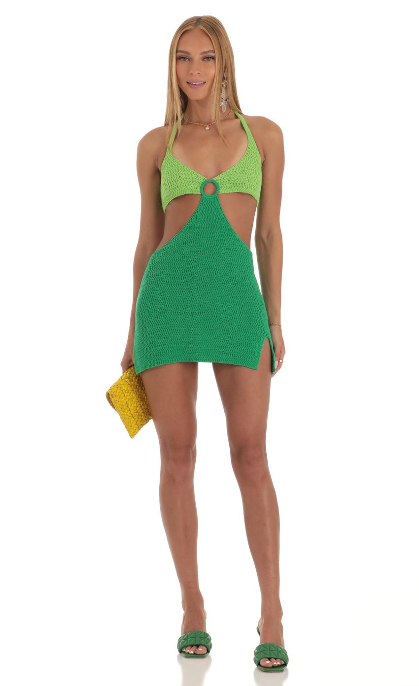 Picture Lesia Two Toned Crochet Dress in Green. Source: https://media.lucyinthesky.com/data/Apr23/850xAUTO/4ce45b9d-83f2-40bc-9e30-95c1e758d6f7.jpg