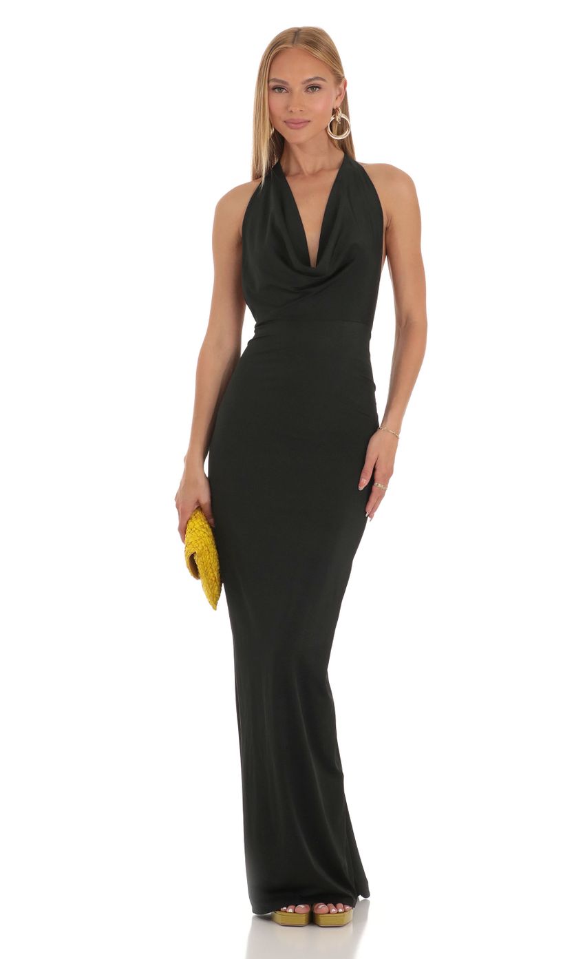 Picture Razz Gathered Back Halter BodyCon Maxi Dress in Black. Source: https://media.lucyinthesky.com/data/Apr23/850xAUTO/6c20322e-6852-4989-bc0a-ff90d57d6e34.jpg