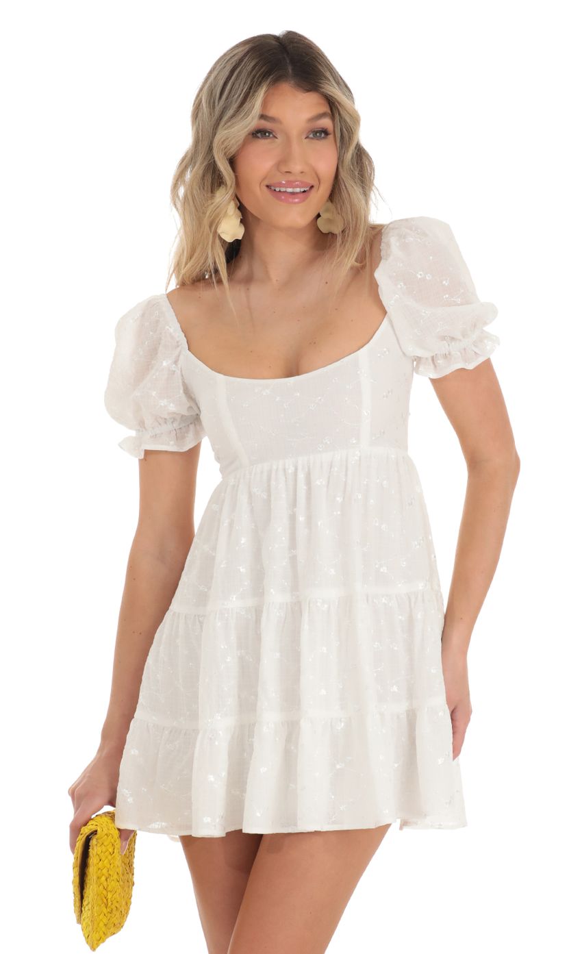 Picture Gloria Chiffon Floral Fit and Flare Dress in White. Source: https://media.lucyinthesky.com/data/Apr23/850xAUTO/826943c9-299d-4431-83f2-1c1747c7f280.jpg