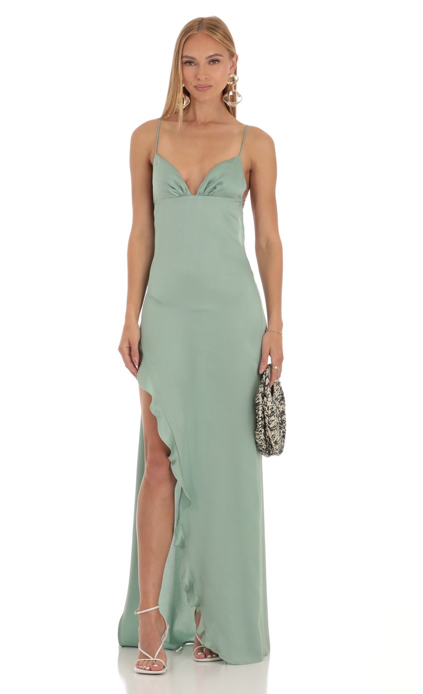 Picture Siobhán Satin Ruffle Maxi Dress in Sage. Source: https://media.lucyinthesky.com/data/Apr23/850xAUTO/a420f334-d716-4bbf-8312-2c40ca4cfb85.jpg