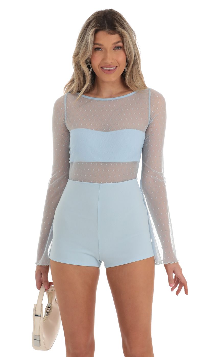 Picture Edita Mesh Dotted Open Back Romper in Blue. Source: https://media.lucyinthesky.com/data/Apr23/850xAUTO/d0be0799-36eb-4047-a53b-d94eb6ec3817.jpg