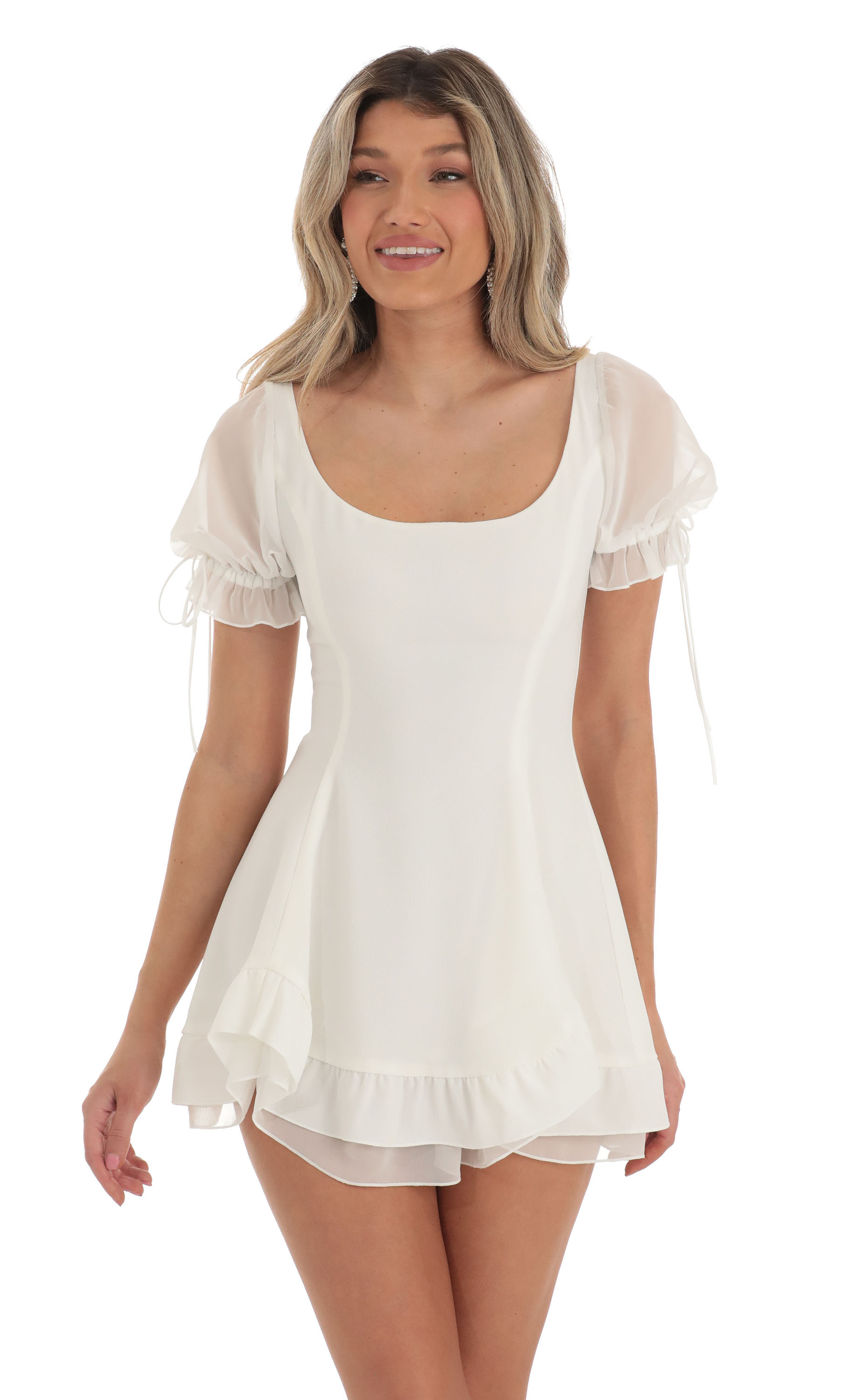 Roux Chiffon Puff Sleeve Fit and Flare Dress in White