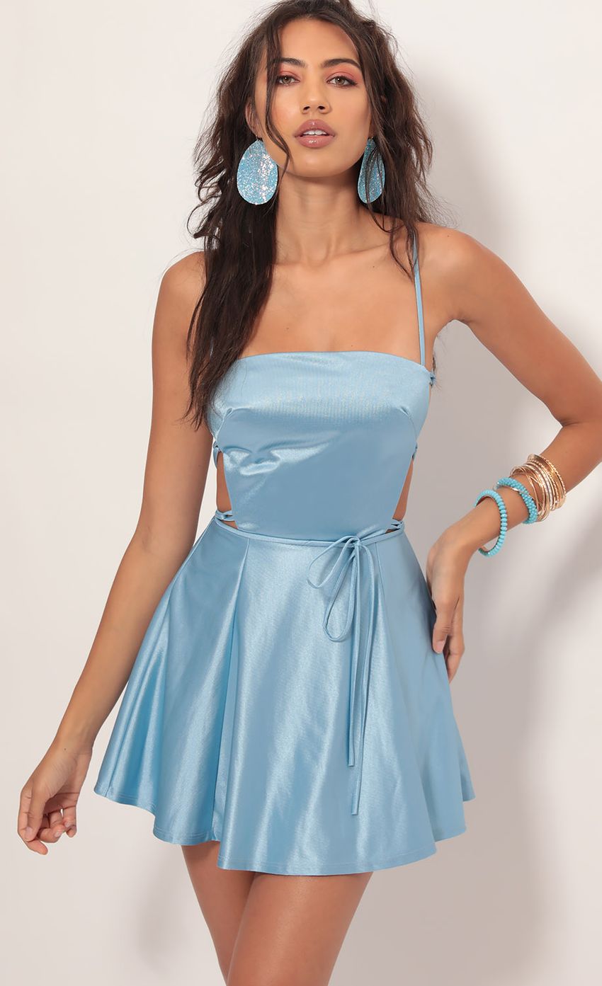 Picture Nina Satin Cutout A-line Dress in Blue. Source: https://media.lucyinthesky.com/data/Aug19_1/850xAUTO/781A2703.JPG