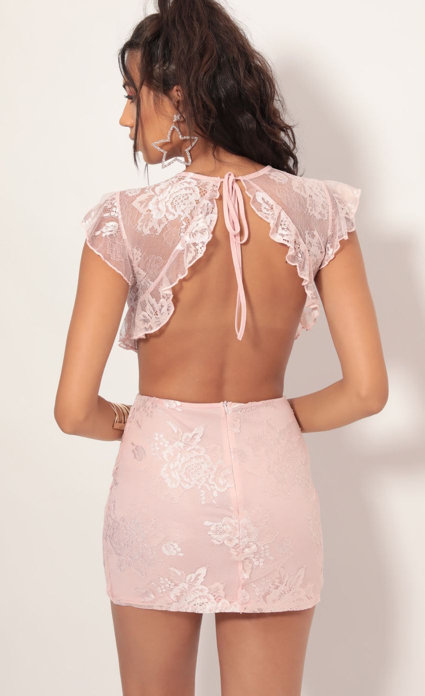 Picture Kerri Lace Frill Cutout Dress in Light Mauve. Source: https://media.lucyinthesky.com/data/Aug19_1/850xAUTO/781A4001.JPG