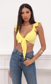 Picture thumb Carolina Ruffle Tie Crop Top in Yellow. Source: https://media.lucyinthesky.com/data/Aug20_1/170xAUTO/781A9090.JPG