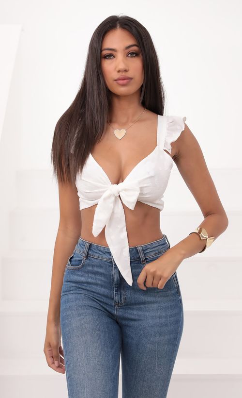 Picture Carolina Ruffle Tie Crop Top in Sparkling White. Source: https://media.lucyinthesky.com/data/Aug20_1/500xAUTO/781A93471.JPG