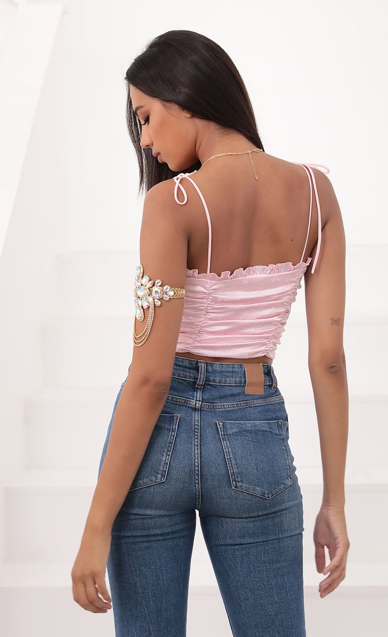 Picture Janelle Crop Top in Pink Satin. Source: https://media.lucyinthesky.com/data/Aug20_1/800xAUTO/781A9683.JPG