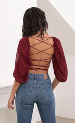 Picture Vanessa Corset Top in Burgundy Chiffon. Source: https://media.lucyinthesky.com/data/Aug20_2/150xAUTO/781A6707.JPG