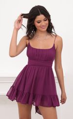 Picture Molly Ruffled Chiffon Dress in Magenta. Source: https://media.lucyinthesky.com/data/Aug20_2/150xAUTO/781A7921.JPG
