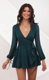 Picture thumb Lexi Ruffle Wrap Dress in Dotted Emerald Chiffon. Source: https://media.lucyinthesky.com/data/Aug20_2/170xAUTO/781A6508.JPG