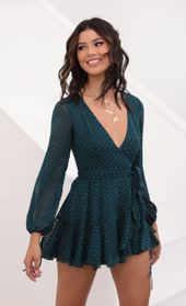 Picture thumb Lexi Ruffle Wrap Dress in Dotted Emerald Chiffon. Source: https://media.lucyinthesky.com/data/Aug20_2/170xAUTO/781A6518.JPG