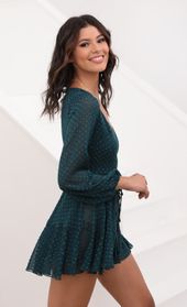 Picture thumb Lexi Ruffle Wrap Dress in Dotted Emerald Chiffon. Source: https://media.lucyinthesky.com/data/Aug20_2/170xAUTO/781A6548.JPG