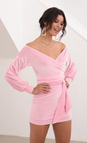 Picture thumb Adela Off Shoulder Dress in Velvet Baby Pink. Source: https://media.lucyinthesky.com/data/Aug20_2/170xAUTO/781A7538.JPG