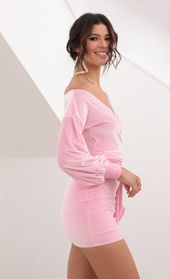Picture thumb Adela Off Shoulder Dress in Velvet Baby Pink. Source: https://media.lucyinthesky.com/data/Aug20_2/170xAUTO/781A7593.JPG