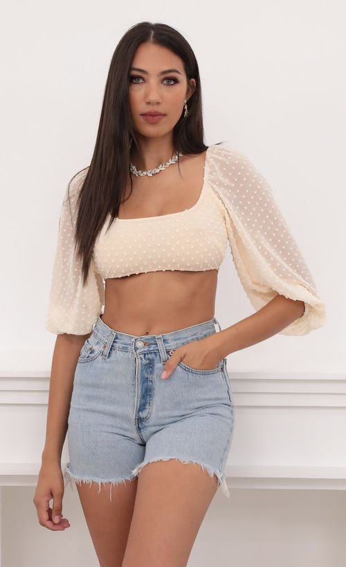Picture Vanessa Corset Top in Ivory Chiffon Polka Dots. Source: https://media.lucyinthesky.com/data/Aug20_2/500xAUTO/781A2658.JPG