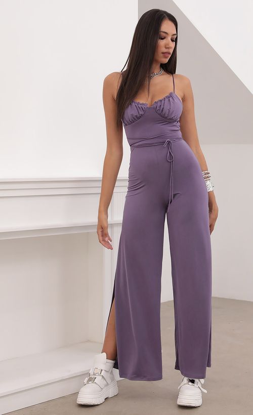 Picture Marissa Ruched Cup Jumpsuit in Stretchy Purple. Source: https://media.lucyinthesky.com/data/Aug20_2/500xAUTO/781A5738.JPG
