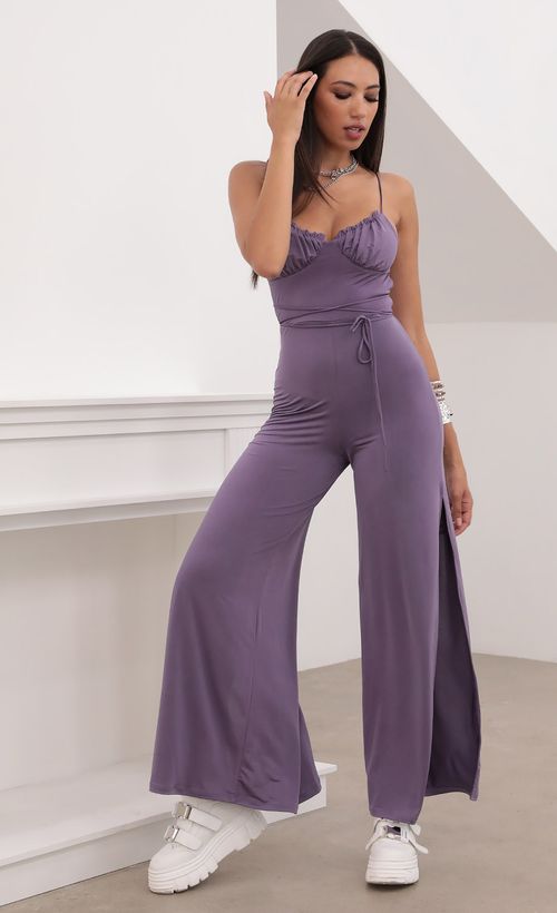 Picture Marissa Ruched Cup Jumpsuit in Stretchy Purple. Source: https://media.lucyinthesky.com/data/Aug20_2/500xAUTO/781A57451.JPG