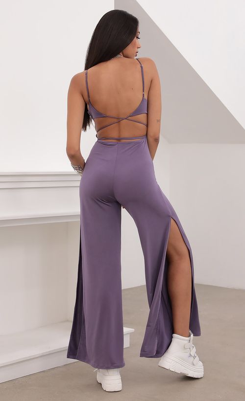 Picture Marissa Ruched Cup Jumpsuit in Stretchy Purple. Source: https://media.lucyinthesky.com/data/Aug20_2/500xAUTO/781A5810.JPG