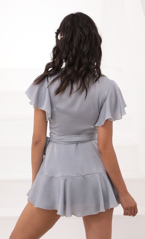 Picture Eliza Wrap Dress in Silver Blue Satin. Source: https://media.lucyinthesky.com/data/Aug20_2/500xAUTO/781A6446.JPG