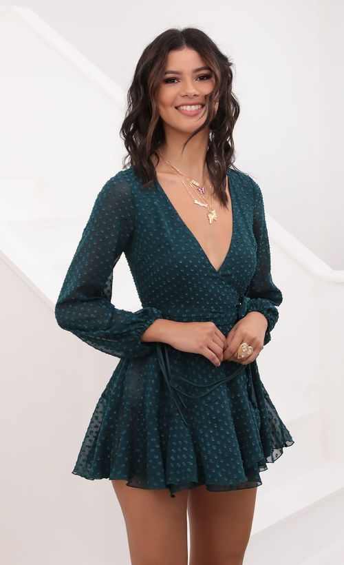 Picture Lexi Ruffle Wrap Dress in Dotted Emerald Chiffon. Source: https://media.lucyinthesky.com/data/Aug20_2/500xAUTO/781A6524.JPG