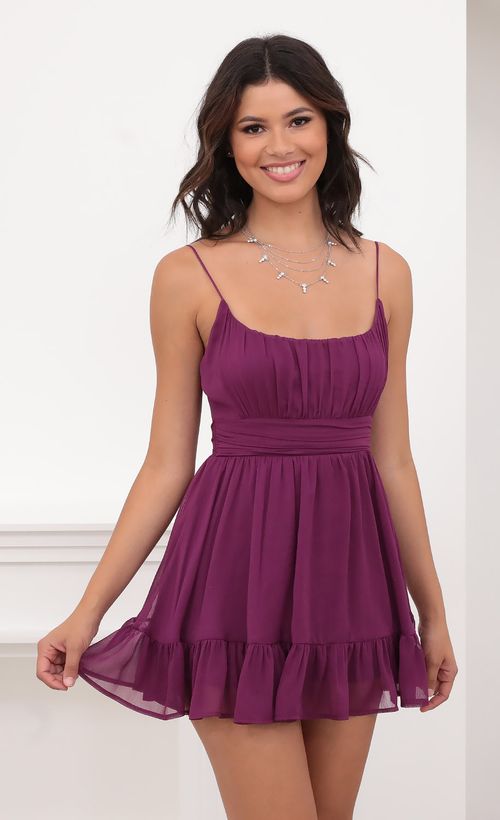 Picture Molly Ruffled Chiffon Dress in Magenta. Source: https://media.lucyinthesky.com/data/Aug20_2/500xAUTO/781A7895.JPG
