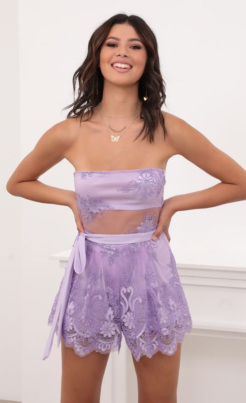 Picture Aurora Strapless Romper in Lilac. Source: https://media.lucyinthesky.com/data/Aug20_2/500xAUTO/781A9858.JPG