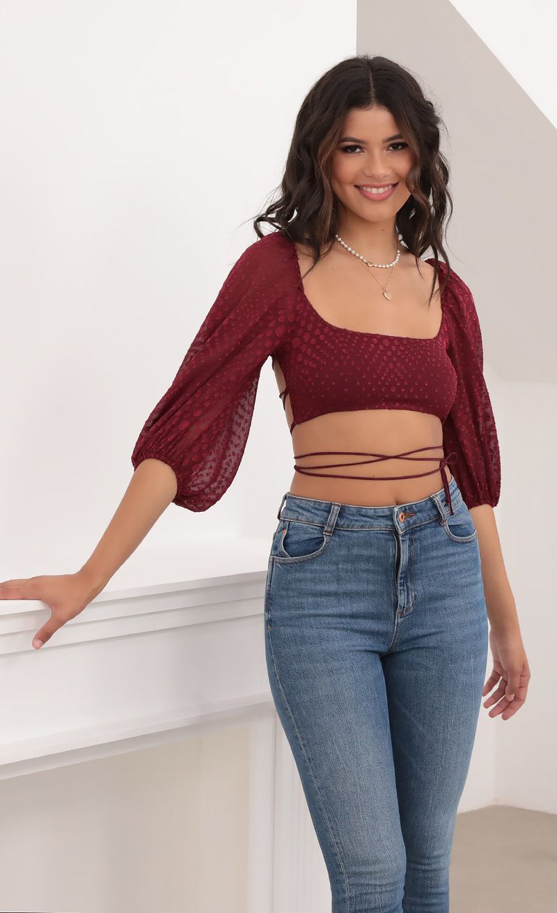 Picture Vanessa Corset Top in Burgundy Chiffon. Source: https://media.lucyinthesky.com/data/Aug20_2/800xAUTO/781A6622.JPG