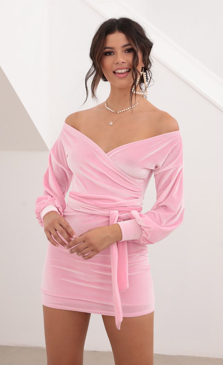 Picture Adela Off Shoulder Dress in Velvet Baby Pink. Source: https://media.lucyinthesky.com/data/Aug20_2/850xAUTO/781A7551.JPG