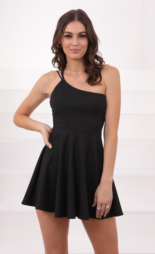 Picture Aylah One Shoulder Dress in Black. Source: https://media.lucyinthesky.com/data/Aug21_1/500xAUTO/1V9A1741.JPG