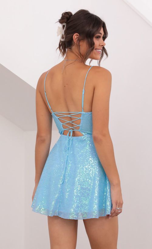Picture Mei Sequin A-Line Dress in Blue. Source: https://media.lucyinthesky.com/data/Aug21_1/500xAUTO/1V9A3100.JPG