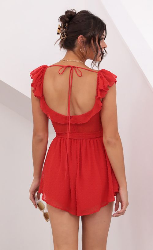 Picture Effie Polka Dot Chiffon Romper in Red. Source: https://media.lucyinthesky.com/data/Aug21_1/500xAUTO/1V9A7958.JPG