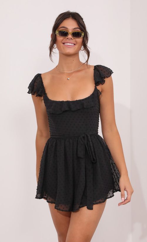 Picture Effie Polka Dot Chiffon Romper in Black. Source: https://media.lucyinthesky.com/data/Aug21_1/500xAUTO/1V9A8198.JPG