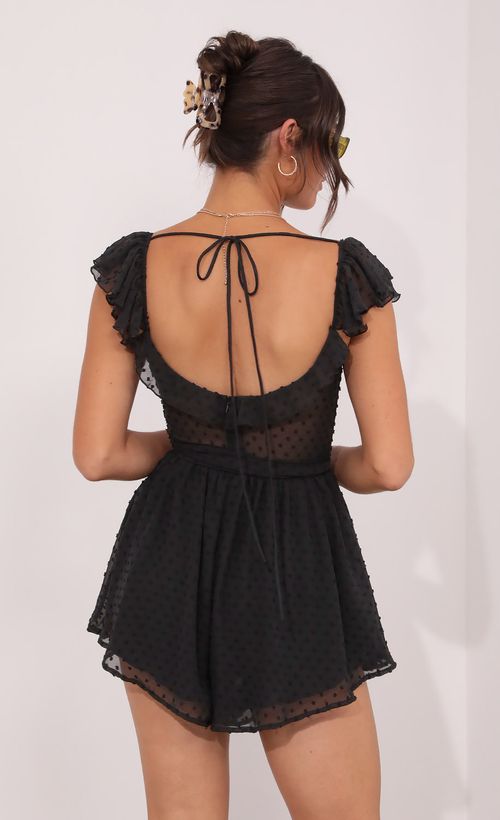Picture Effie Polka Dot Chiffon Romper in Black. Source: https://media.lucyinthesky.com/data/Aug21_1/500xAUTO/1V9A8239.JPG