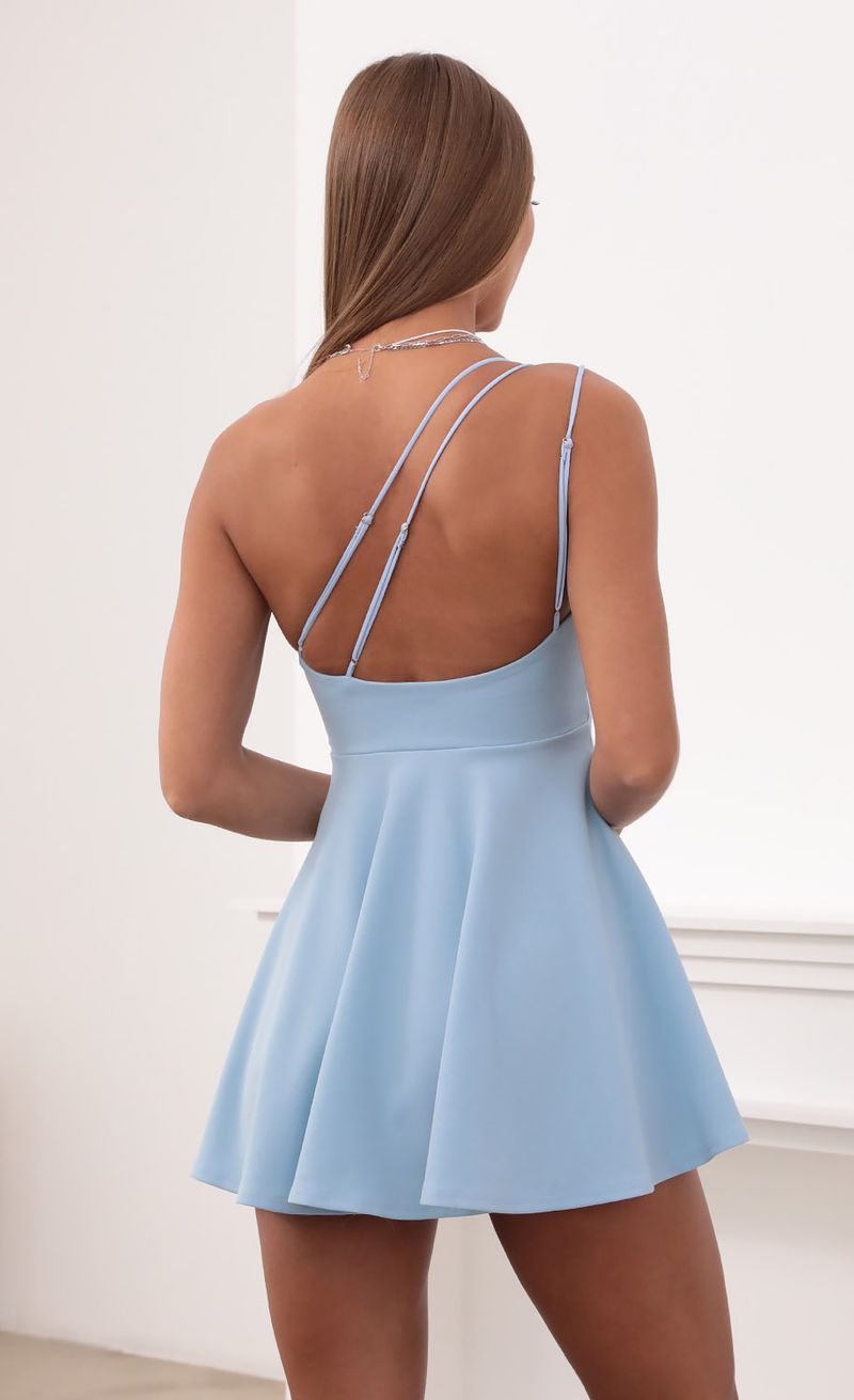 Picture Aylah One Shoulder Dress in Baby Blue. Source: https://media.lucyinthesky.com/data/Aug21_1/800xAUTO/1V9A0088.JPG