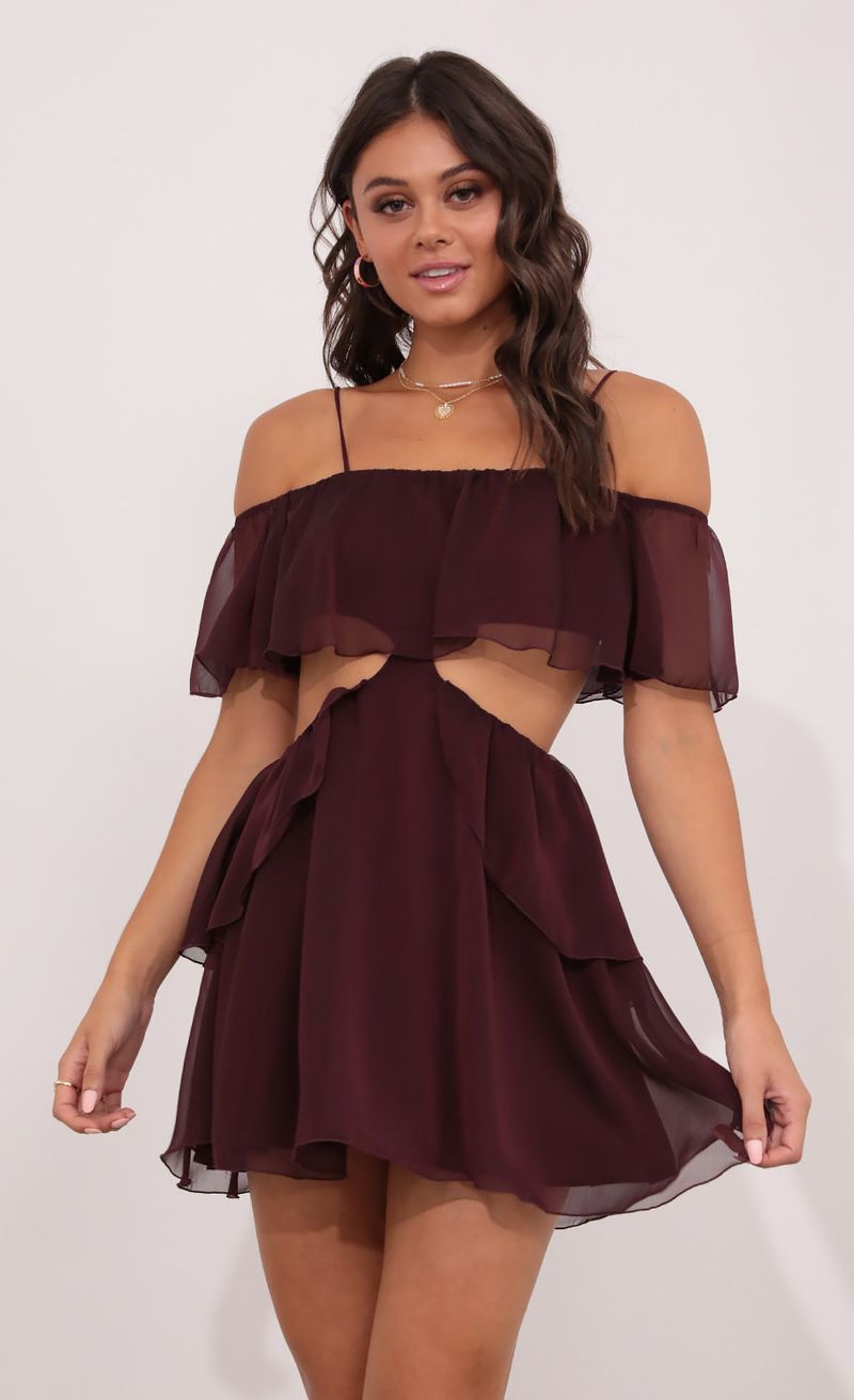 Picture Tallula Mesh Cutout Dress in Burgandy. Source: https://media.lucyinthesky.com/data/Aug21_1/800xAUTO/1V9A1851.JPG