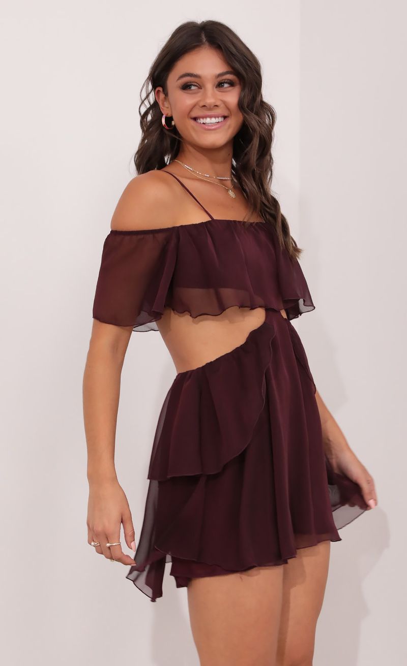 Picture Tallula Mesh Cutout Dress in Burgandy. Source: https://media.lucyinthesky.com/data/Aug21_1/800xAUTO/1V9A1888.JPG