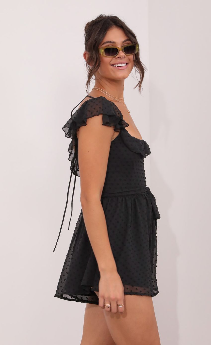 Picture Effie Polka Dot Chiffon Romper in Black. Source: https://media.lucyinthesky.com/data/Aug21_1/850xAUTO/1V9A8170.JPG