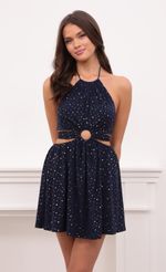 Picture Cressida Shimmer Halter Cutout Dress in Navy. Source: https://media.lucyinthesky.com/data/Aug21_2/150xAUTO/1V9A5706.JPG